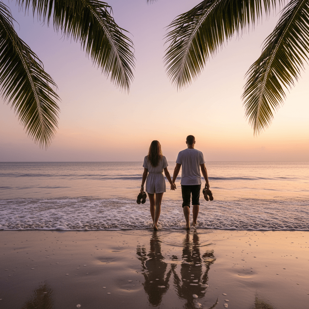 Couple walking barefoot on quiet beach at sunset
