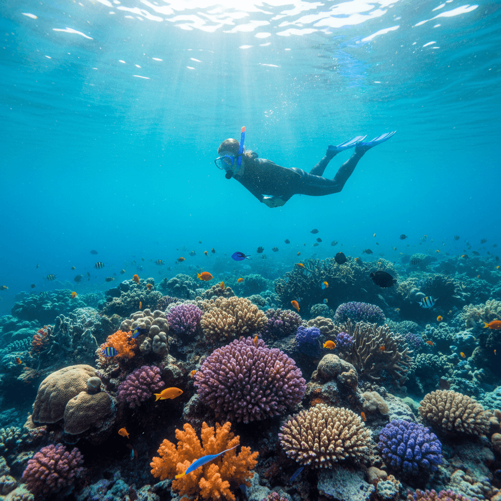 Snorkeler floating above colorful coral reef