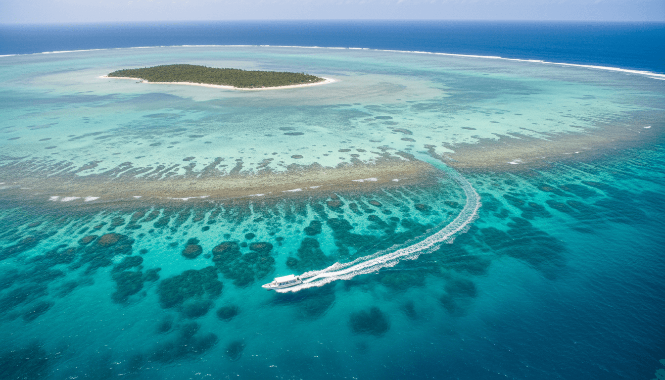 Aerial view of a boat on the turquoise waters of the Belize Barrier Reef