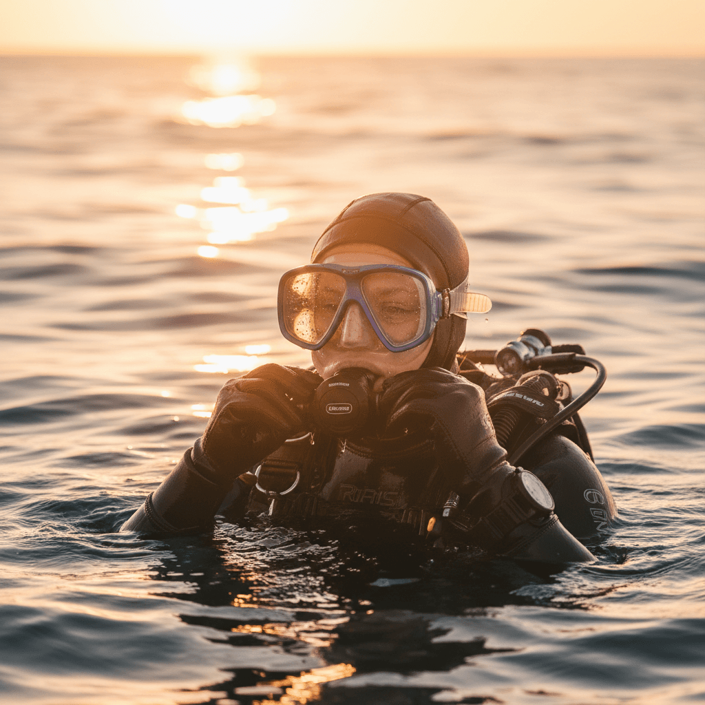 Scuba diver adjusting mask in open water