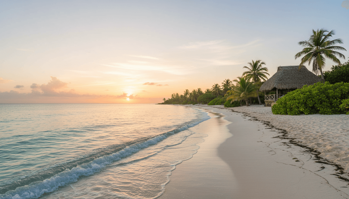 Serene Belize beach at sunrise with turquoise sea and a distant thatched-roof hut.