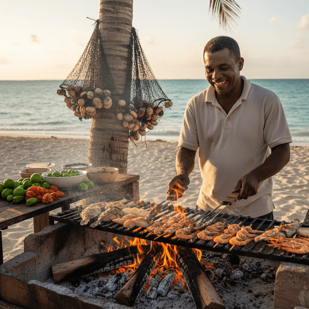 Beachside food vendor grilling fresh seafood