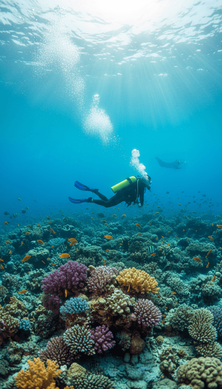 Scuba diver swimming above a vibrant coral reef
