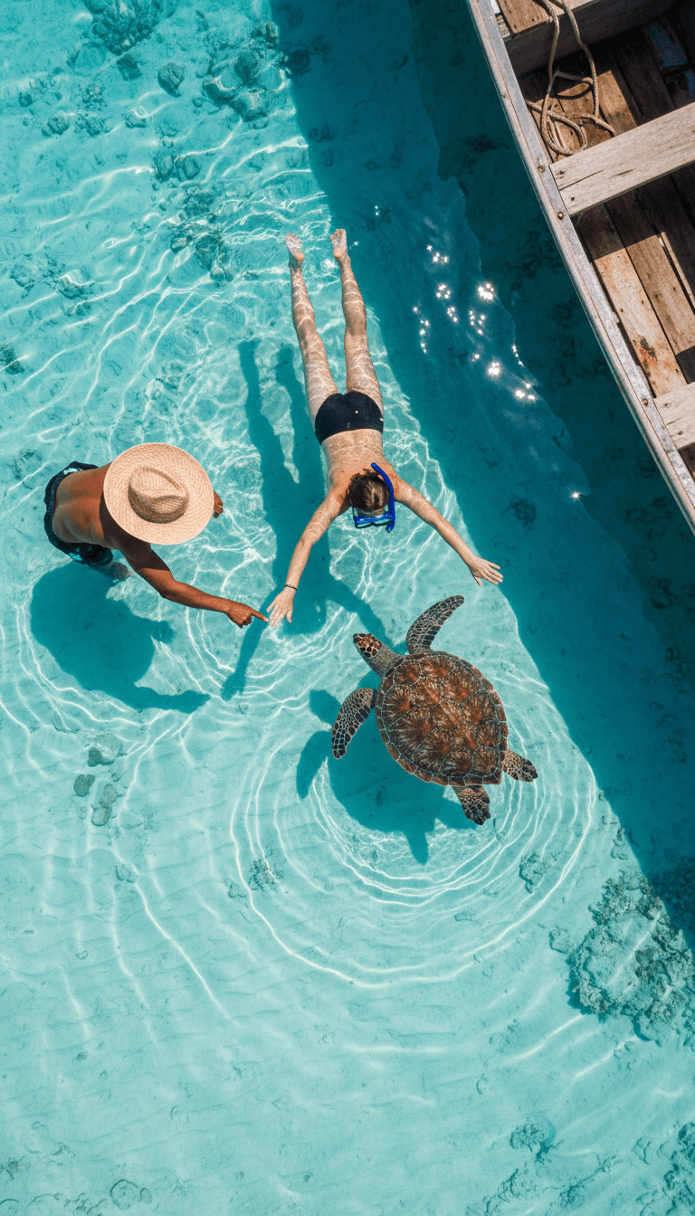 Snorkeler looking at a sea turtle in a shallow lagoon