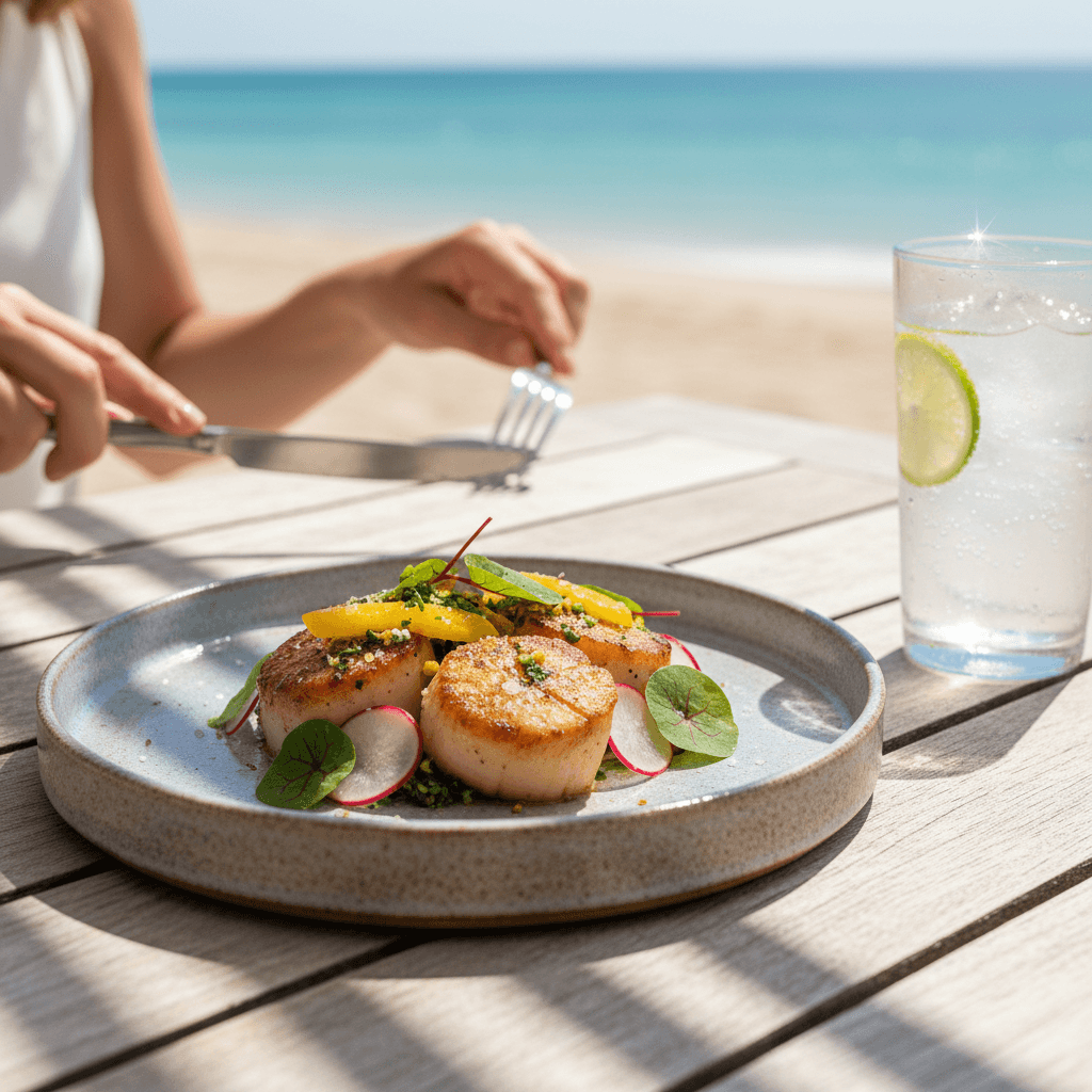 Close-up of plated coastal cuisine on wooden table with ocean view and beverage, beachfront dining