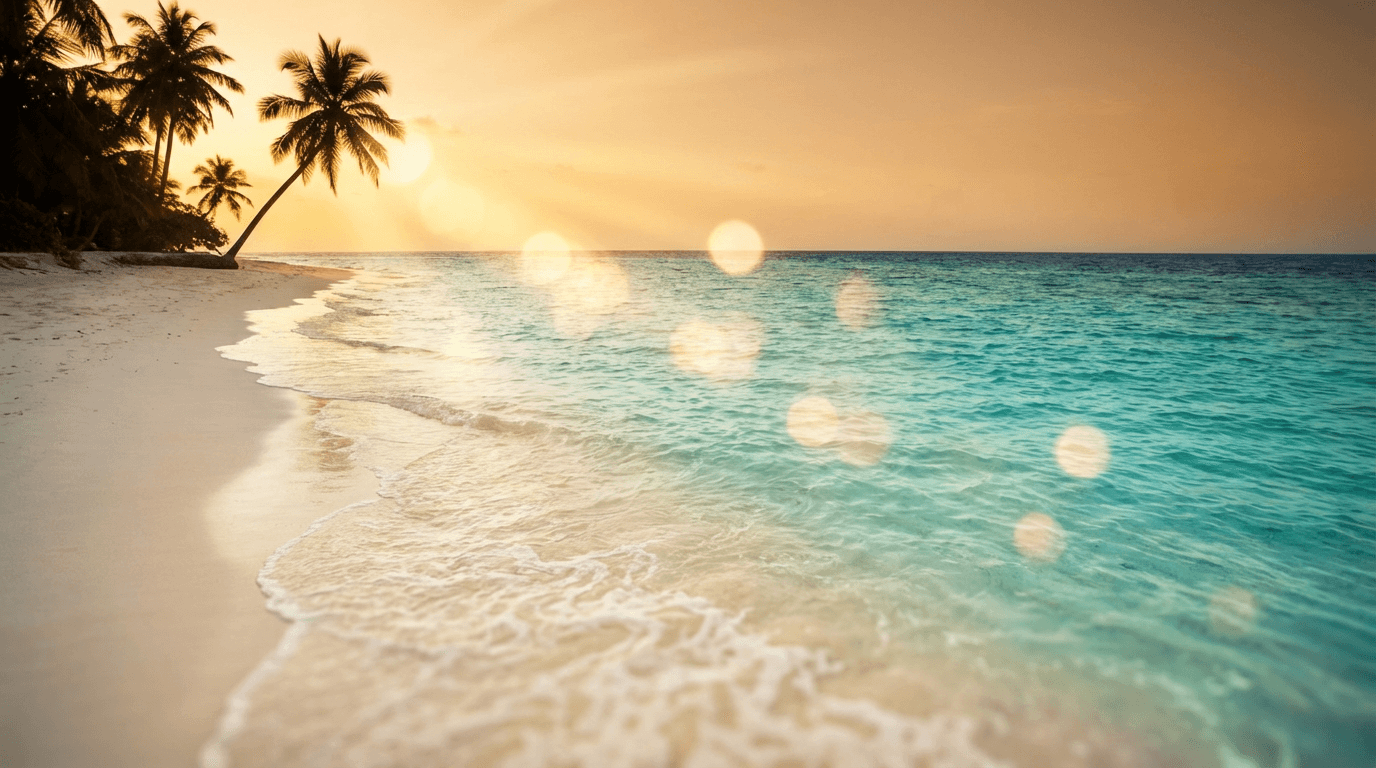 Turquoise Belize shoreline with wooden pier and palm trees at sunset