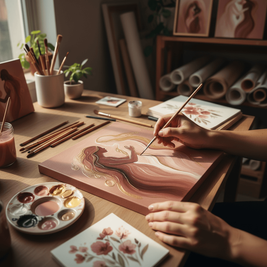 Artist's hands painting delicate romantic details on canvas with fine brush in soft studio light