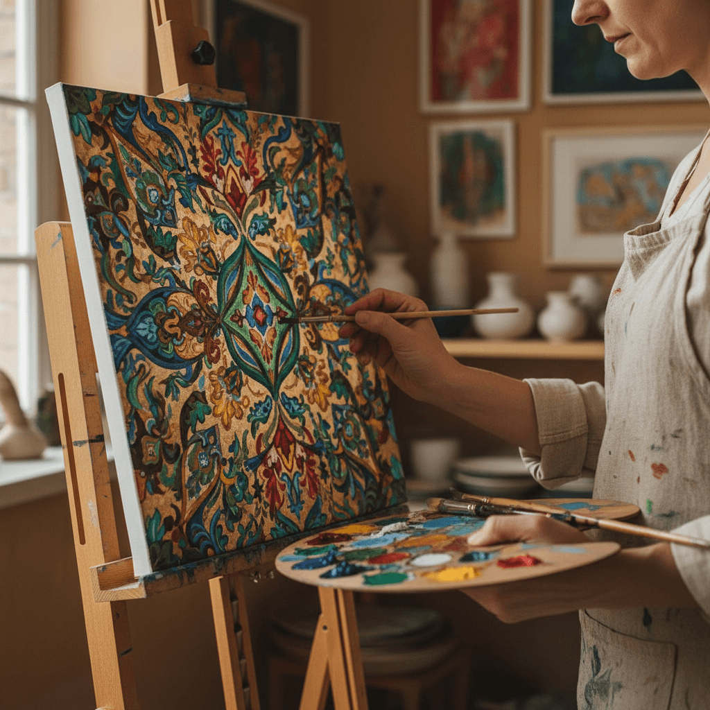 Artist's hands carefully hand-painting detailed brushwork onto canvas in sunlit studio workspace surrounded by ceramic sculptures
